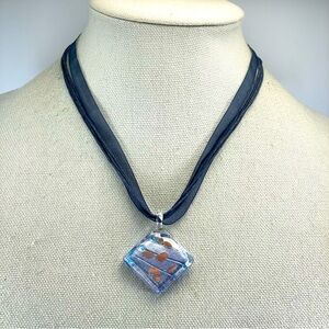 Unsigned Dichroic Glass Blue Silver Square Pendant Corded Black Ribbon Necklace